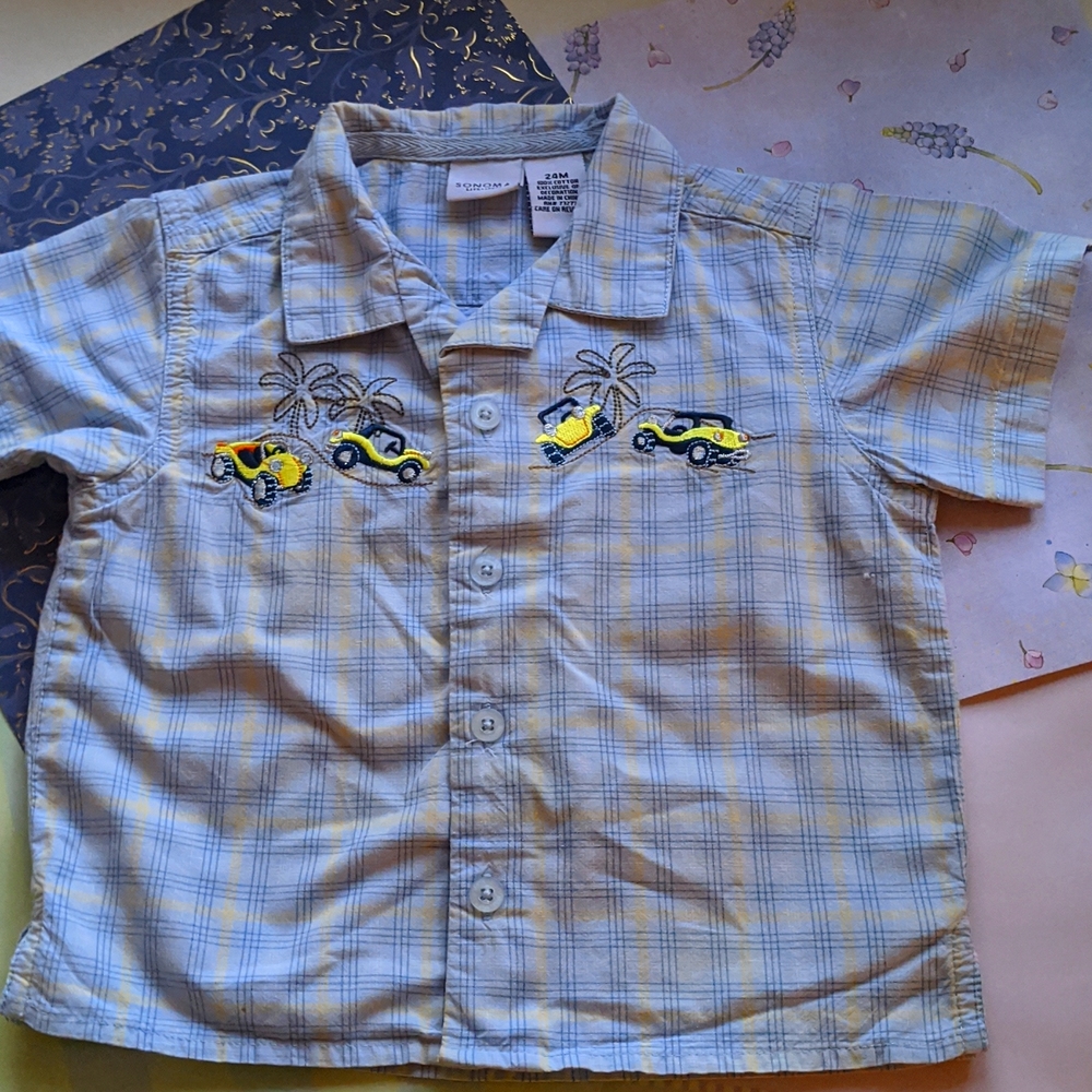 🐻24 months, Sonoma plaid cotton shirt with Jeep embellishments